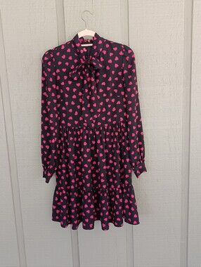 Kate Spade Heartbeat Tie Neck Mini Dress Size 4 Women Preppy Heart Long Sleeve